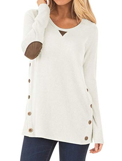 Spadehill Women Long Sleeve Shirt with Faux Suede Elbow Patches and Button