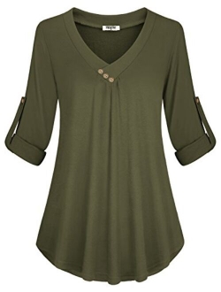 Hibelle Women's Cuffed Long Sleeve V-Neck Casual Tunic Blouse Tops