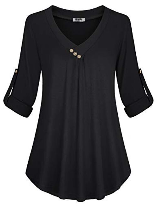 Hibelle Women's Cuffed Long Sleeve V-Neck Casual Tunic Blouse Tops