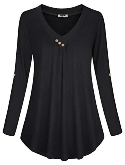 Hibelle Women's Cuffed Long Sleeve V-Neck Casual Tunic Blouse Tops