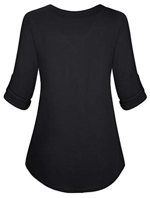 Hibelle Women's Cuffed Long Sleeve V-Neck Casual Tunic Blouse Tops