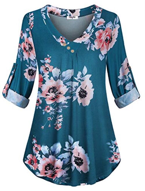 Hibelle Women's Cuffed Long Sleeve V-Neck Casual Tunic Blouse Tops