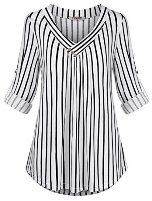 Hibelle Women's Cuffed Long Sleeve V-Neck Casual Tunic Blouse Tops