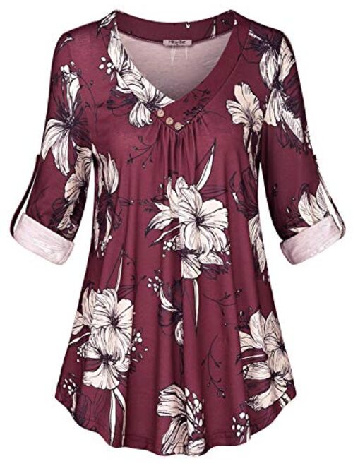 Hibelle Women's Cuffed Long Sleeve V-Neck Casual Tunic Blouse Tops