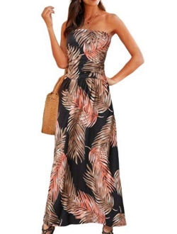 Happy Sailed Women Strapleess Floral Print Bohemian Beach Dress Casual Off Shoulder Long Dress with Pockets