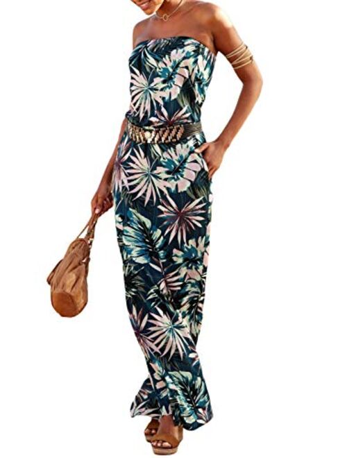 Happy Sailed Women Strapleess Floral Print Bohemian Beach Dress Casual Off Shoulder Long Dress with Pockets