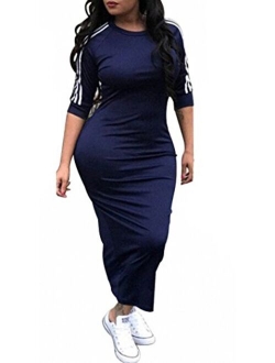 Remelon Womens Casual Striped Half Sleeve Crewneck Tunic Bodycon Long Pencil Midi Dress