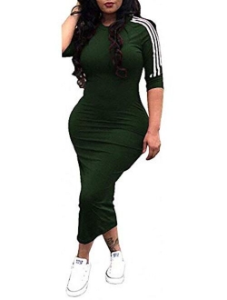 Remelon Womens Casual Striped Half Sleeve Crewneck Tunic Bodycon Long Pencil Midi Dress