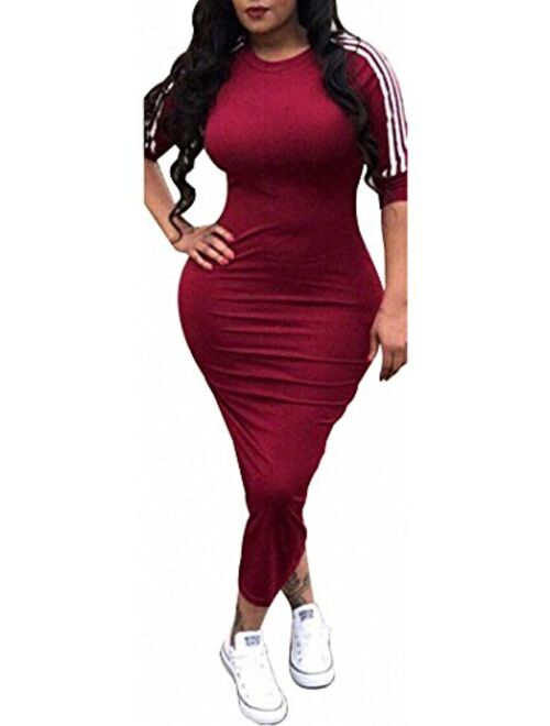 Remelon Womens Casual Striped Half Sleeve Crewneck Tunic Bodycon Long Pencil Midi Dress