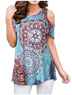 Luranee Womens Cold Shoulder Shirts Short Sleeve Crew Neck Floral Tunic Tops