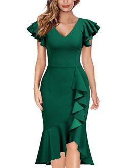 Knitee Women's Vintage Off Shoulder V-Neck Evening Party Cocktail Ruffles Slit Formal Dress