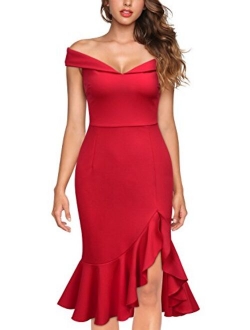 Knitee Women's Vintage Off Shoulder V-Neck Evening Party Cocktail Ruffles Slit Formal Dress