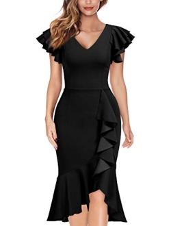 Knitee Women's Vintage Off Shoulder V-Neck Evening Party Cocktail Ruffles Slit Formal Dress