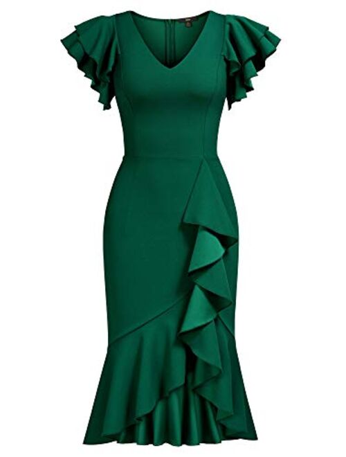 Knitee Women's Vintage Off Shoulder V-Neck Evening Party Cocktail Ruffles Slit Formal Dress