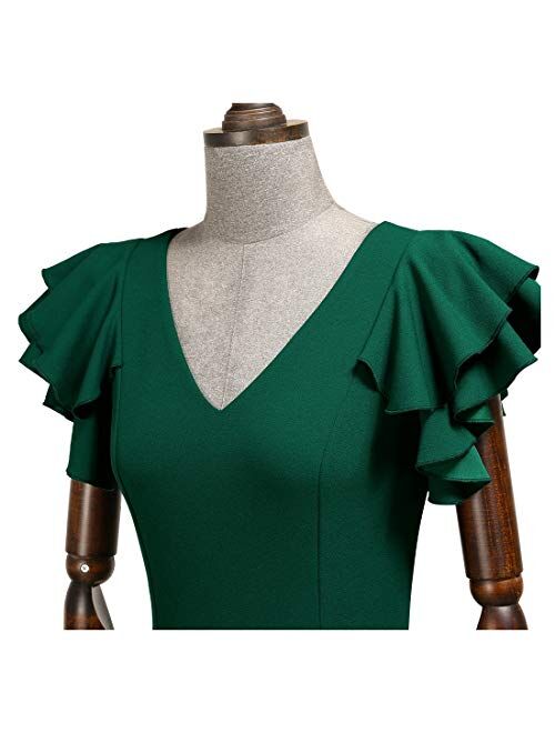 Knitee Women's Vintage Off Shoulder V-Neck Evening Party Cocktail Ruffles Slit Formal Dress