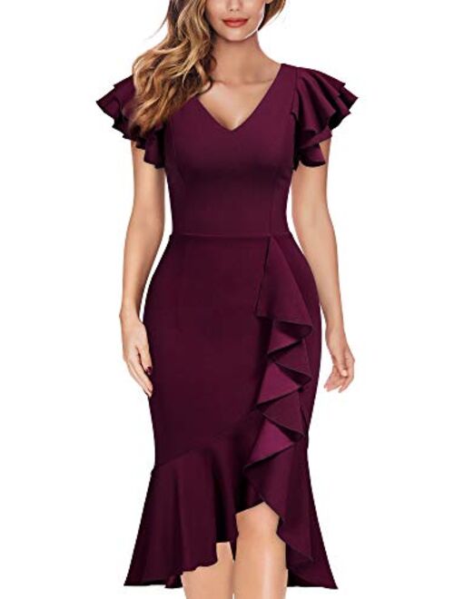 Knitee Women's Vintage Off Shoulder V-Neck Evening Party Cocktail Ruffles Slit Formal Dress