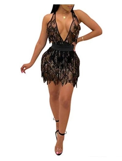 acelyn Women's Sexy Halter Backless See Through Sequins Floral Club Bodycon Mini Dress