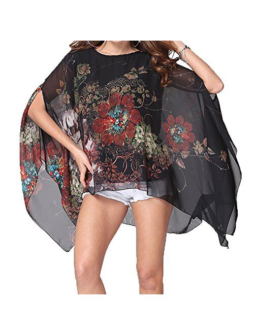 Qunsia Women's Chiffon Caftan Poncho Tunic Top Cover up Batwing Blouse