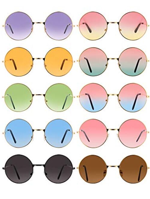 Blulu 10 Pairs Round Hippie Sunglasses John 60's Style Circle Colored Glasses (Gold Frame 2)