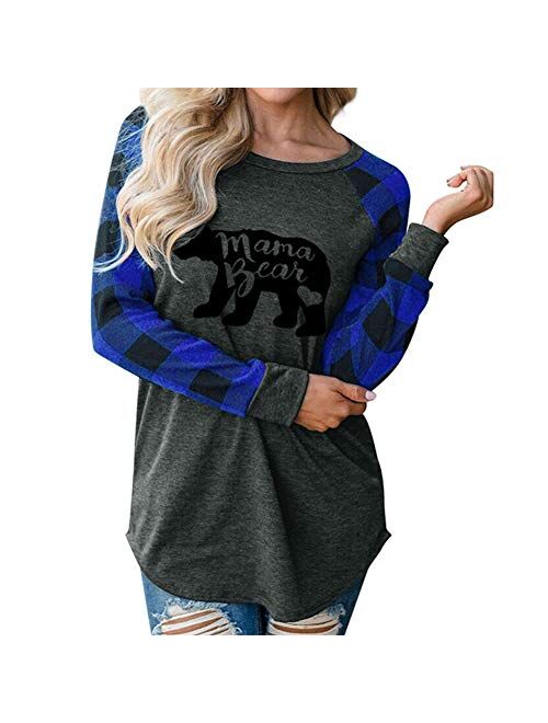 Geicyjiecy Womens Casual Plaid Long Sleeve Letter Print Mama Bear Print Shirt Tops Blouse T-Shirts