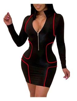 YIQ8 Women's Sexy Zipper Front Deep V Neck Bodycon Mini Club Plus Size Dresses