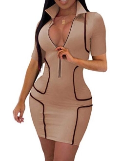 YIQ8 Women's Sexy Zipper Front Deep V Neck Bodycon Mini Club Plus Size Dresses