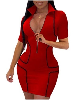 YIQ8 Women's Sexy Zipper Front Deep V Neck Bodycon Mini Club Plus Size Dresses