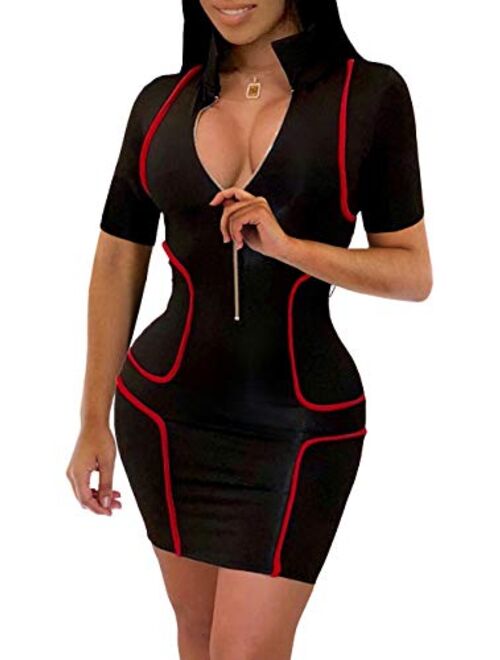 YIQ8 Women's Sexy Zipper Front Deep V Neck Bodycon Mini Club Plus Size Dresses