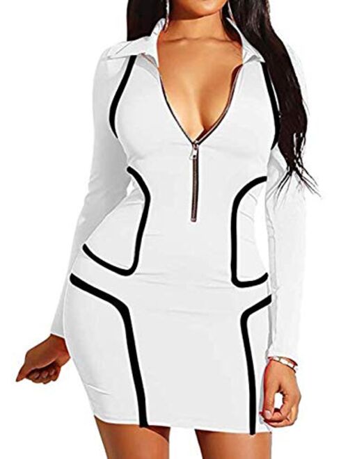 YIQ8 Women's Sexy Zipper Front Deep V Neck Bodycon Mini Club Plus Size Dresses