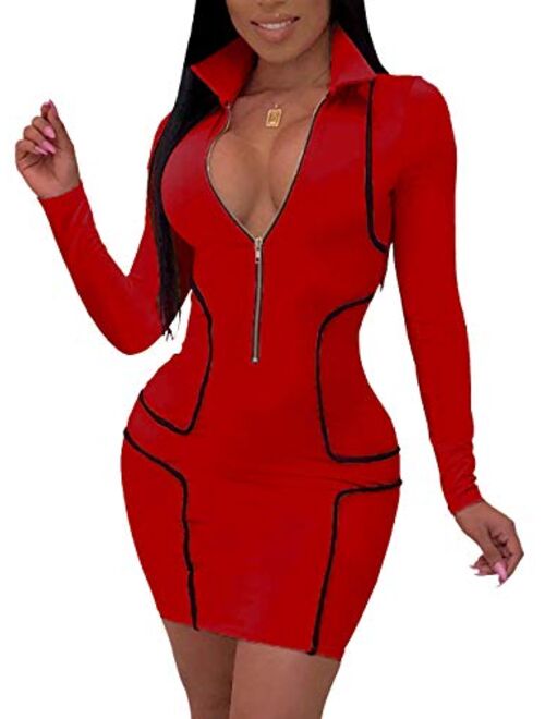 YIQ8 Women's Sexy Zipper Front Deep V Neck Bodycon Mini Club Plus Size Dresses