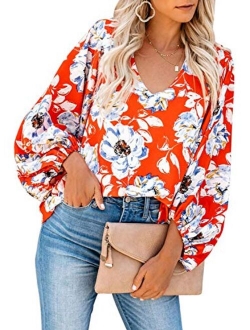 Tiksawon Women's Floral Print V Neck Long Sleeve Shirts Tops Casual Loose Boho Blouses