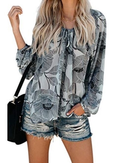 Tiksawon Women's Floral Print V Neck Long Sleeve Shirts Tops Casual Loose Boho Blouses