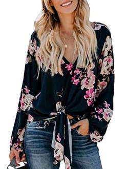 Tiksawon Women's Floral Print V Neck Long Sleeve Shirts Tops Casual Loose Boho Blouses