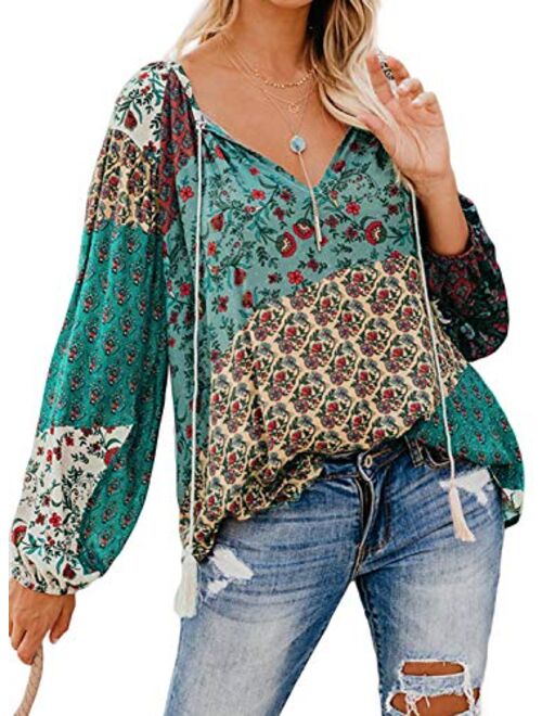 Tiksawon Women's Floral Print V Neck Long Sleeve Shirts Tops Casual Loose Boho Blouses