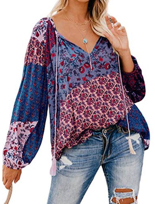 Tiksawon Women's Floral Print V Neck Long Sleeve Shirts Tops Casual Loose Boho Blouses