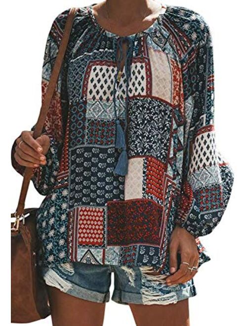 Tiksawon Women's Floral Print V Neck Long Sleeve Shirts Tops Casual Loose Boho Blouses