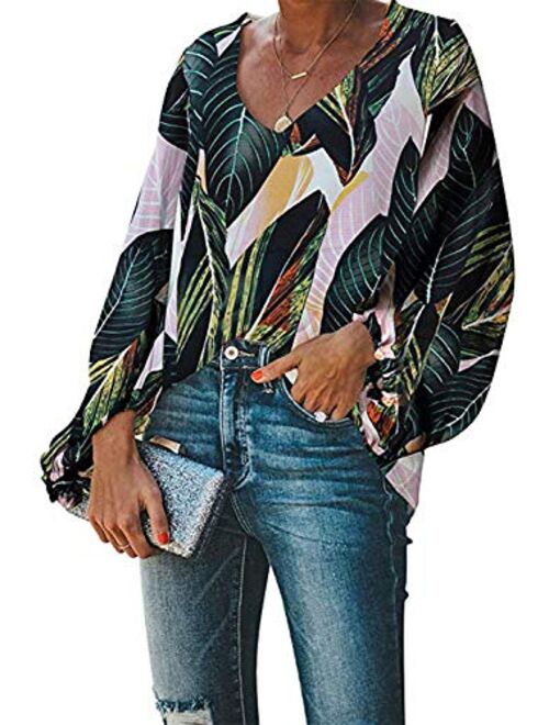 Tiksawon Women's Floral Print V Neck Long Sleeve Shirts Tops Casual Loose Boho Blouses