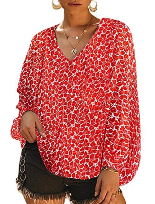 Tiksawon Women's Floral Print V Neck Long Sleeve Shirts Tops Casual Loose Boho Blouses