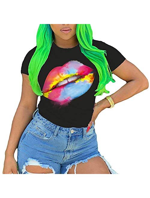 PESION Womens Graphic Tees Short Sleeve Cotton Eye Print Neon Shirt