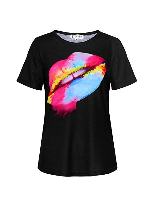 PESION Womens Graphic Tees Short Sleeve Cotton Eye Print Neon Shirt