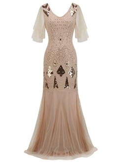 FAIRY COUPLE 1920s Floor-Length V-Back Sequined Embellished Prom Evening Dress D20S004