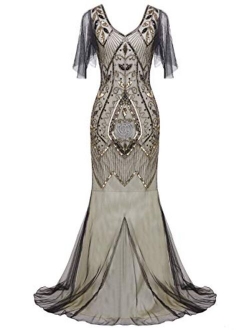 FAIRY COUPLE 1920s Floor-Length V-Back Sequined Embellished Prom Evening Dress D20S004