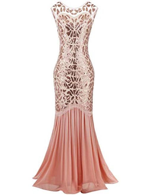 FAIRY COUPLE 1920s Floor-Length V-Back Sequined Embellished Prom Evening Dress D20S004