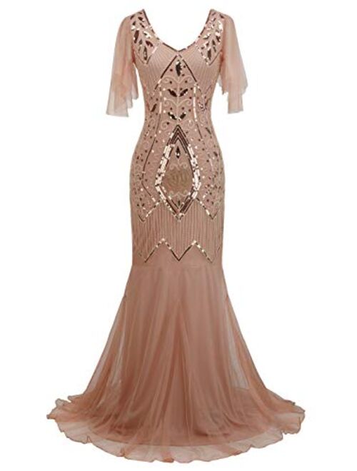 FAIRY COUPLE 1920s Floor-Length V-Back Sequined Embellished Prom Evening Dress D20S004