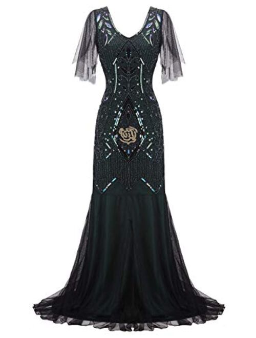 FAIRY COUPLE 1920s Floor-Length V-Back Sequined Embellished Prom Evening Dress D20S004