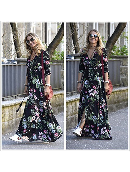 Milumia Women's Button Up Split Floral Print Flowy Party Maxi Dress Green