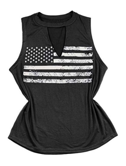 Women's Patriotic Shirt USA Flag Letters Print Sleeveless T-Shirt Hollow Out V-Neck Tank Tops 4th of July Tee Tops