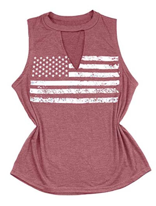 Women's Patriotic Shirt USA Flag Letters Print Sleeveless T-Shirt Hollow Out V-Neck Tank Tops 4th of July Tee Tops