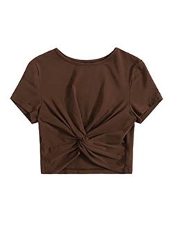 Women's Casual Twist Front Short Sleeve Crop Top T-Shirt