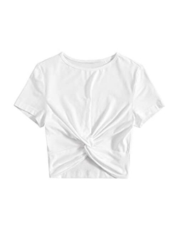 Women's Casual Twist Front Short Sleeve Crop Top T-Shirt